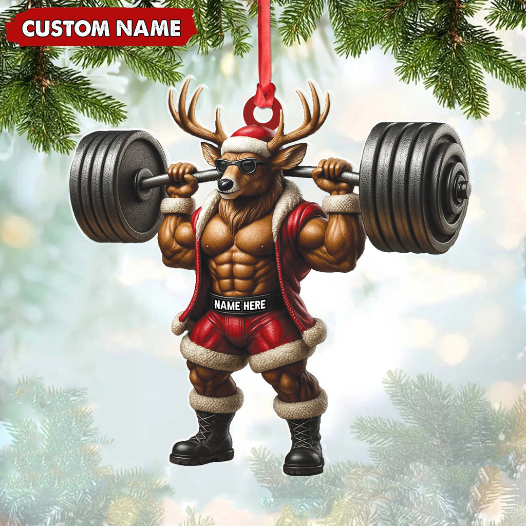 Personalized Acrylic Muscle Deer Christmas Ornament - Custom Weightlifting Holiday Decoration