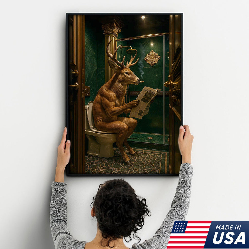 Funny Deer Canvas Wall Art - Anthropomorphic Deer Reading Newspaper in Bathroom