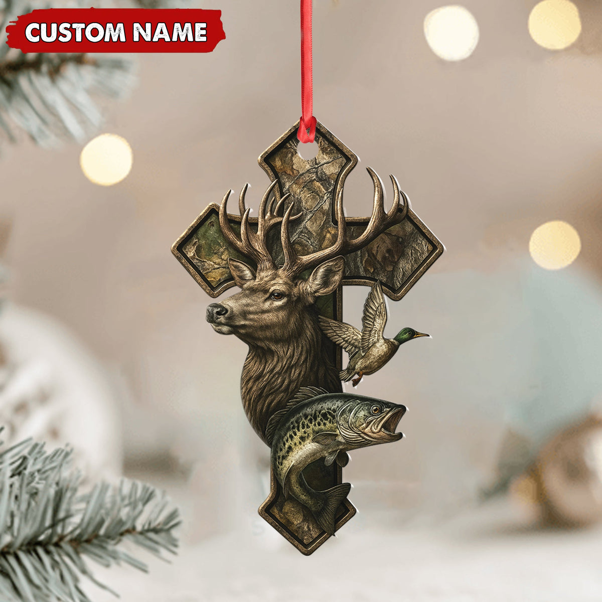 Personalized Hunter Acrylic Ornament – Deer, Duck & Fish Cross Design for Christmas Tree Decor