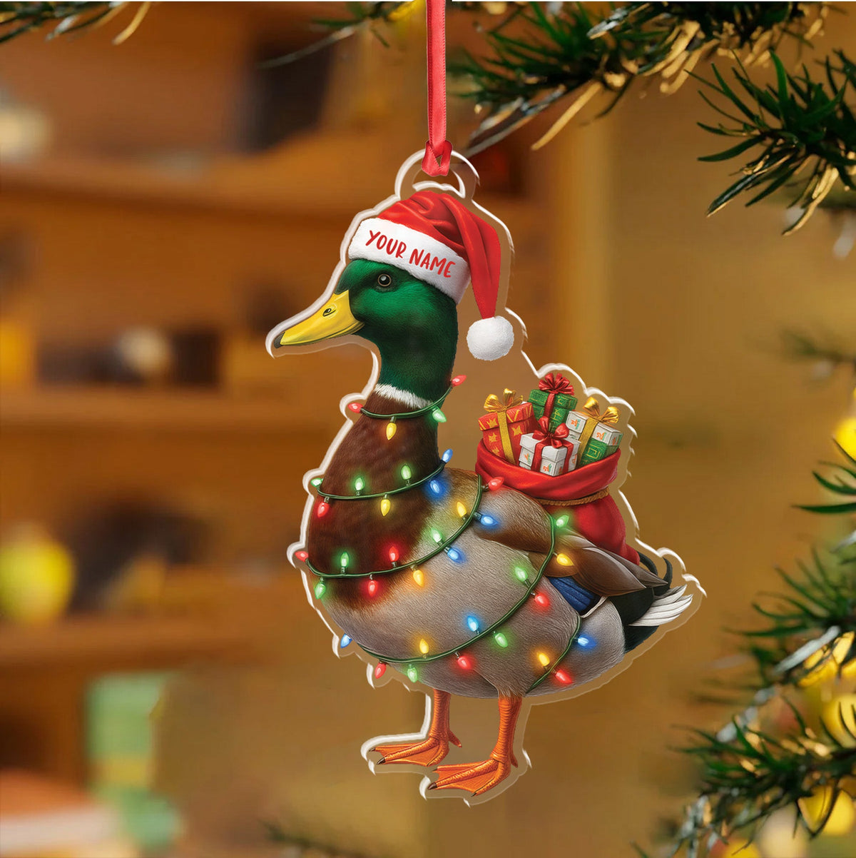 Funny Christmas Duck Acrylic Ornament – Mallard Santa with Lights and Gifts, Personalized Holiday Decoration for Duck Lovers, Unique Hunter Christmas Gift
