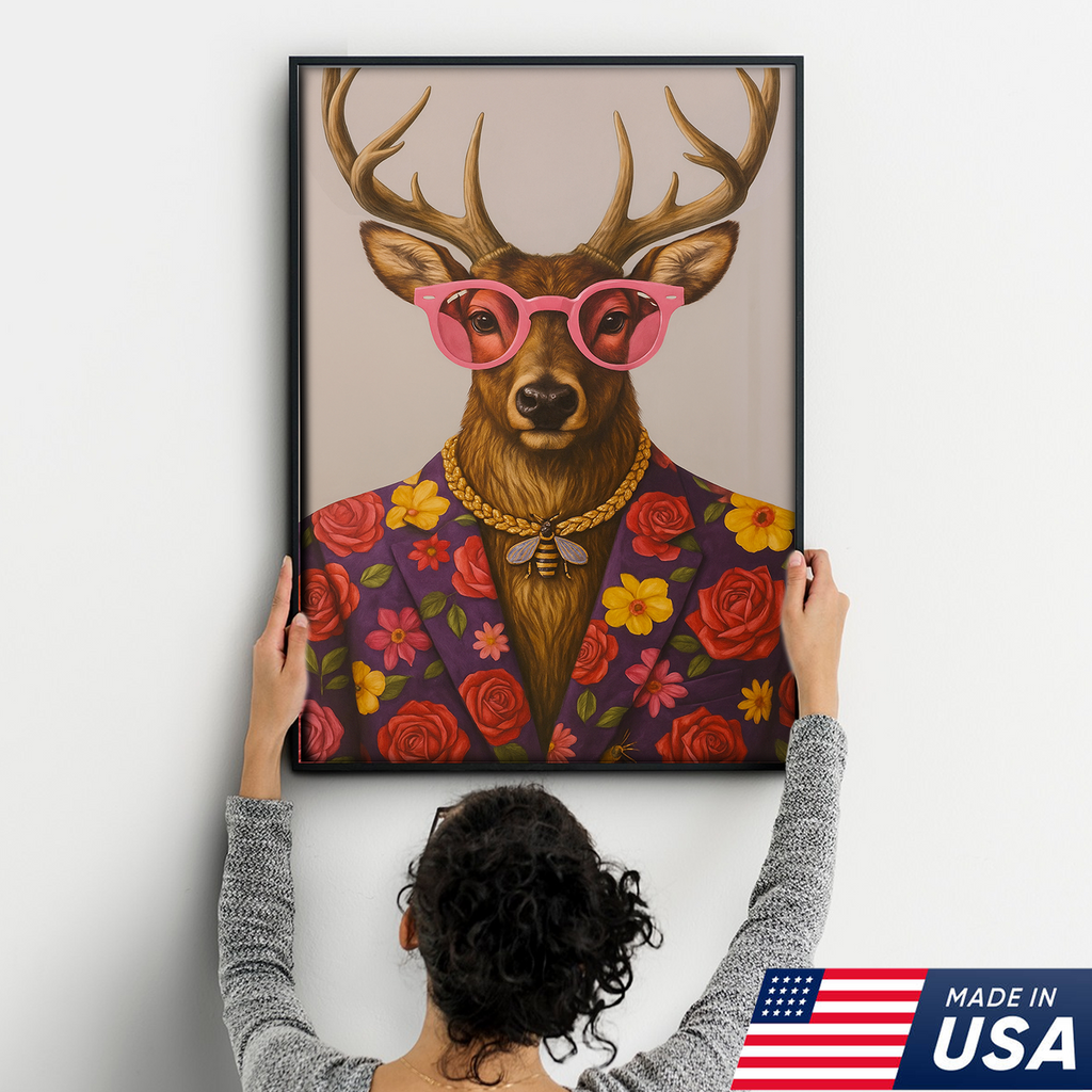 Funny Deer Wall Art Canvas – Stylish Hunter Canvas with Floral Suit & Sunglasses