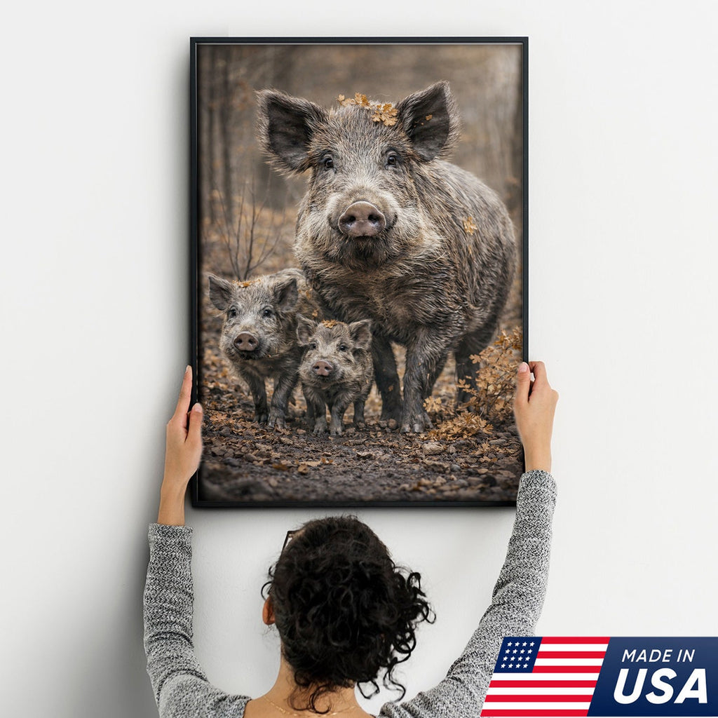 Wild Boar Family Canvas Wall Art – Rustic Forest Wildlife Animal Wall Decor