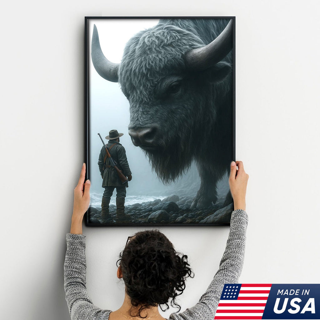 Giant Bison and Cowboy Wall Art Canvas, Western Hunter Standing by Buffalo Print