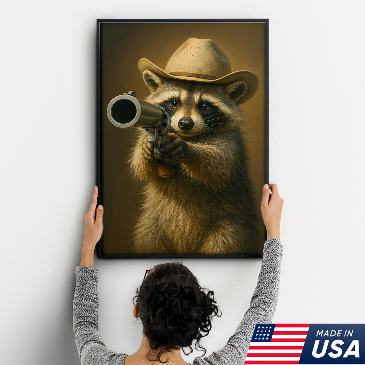 Cowboy Raccoon with Revolver Canvas Wall Art, Funny Western Critter Decor