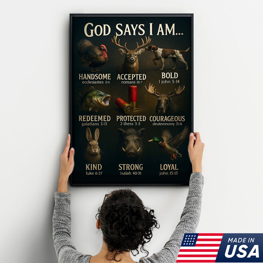 God Says I Am Hunting Canvas, Christian Wildlife Wall Art with Deer, Turkey, Duck, and Moose