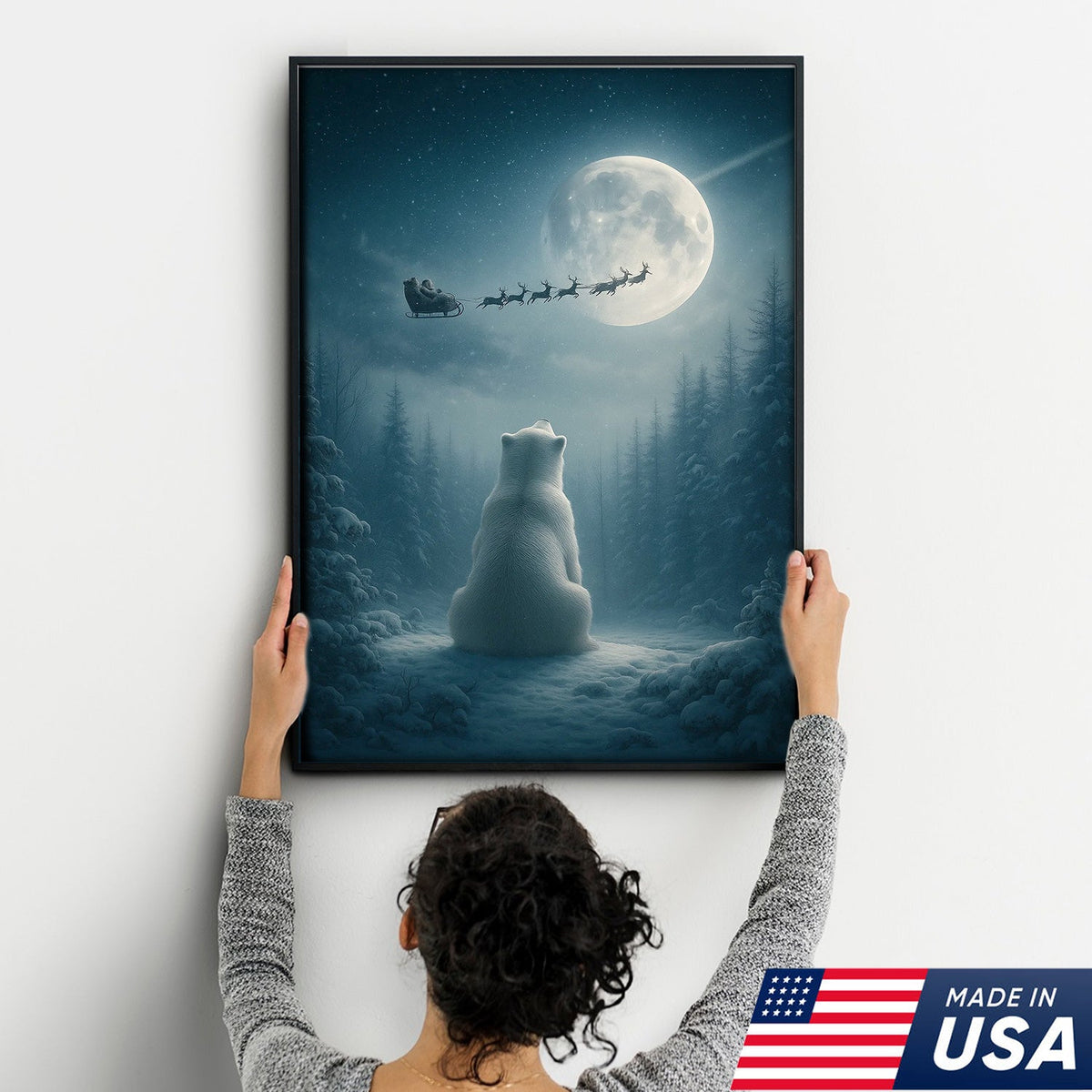 Christmas Polar Bear Santa Sleigh Wall Art Canvas, Winter Night Forest Moon Decor