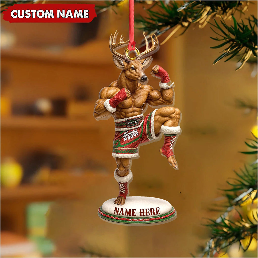Custom Name Muay Thai Deer Ornament, Funny Boxing Deer Christmas Decoration