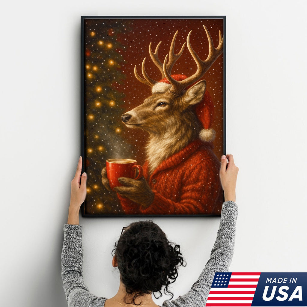 Christmas Deer Drink Coffee In Cozy Sweater Canvas Wall Art - Holiday Cabin Decor