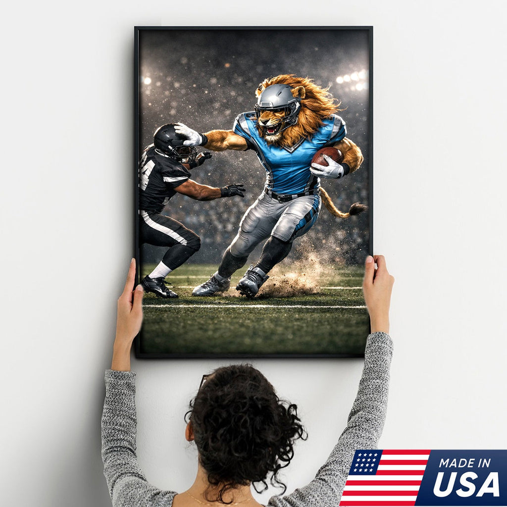 Fearless Lion Football Canvas Wall Art – Powerful Big Cat Athlete Stadium Action Print