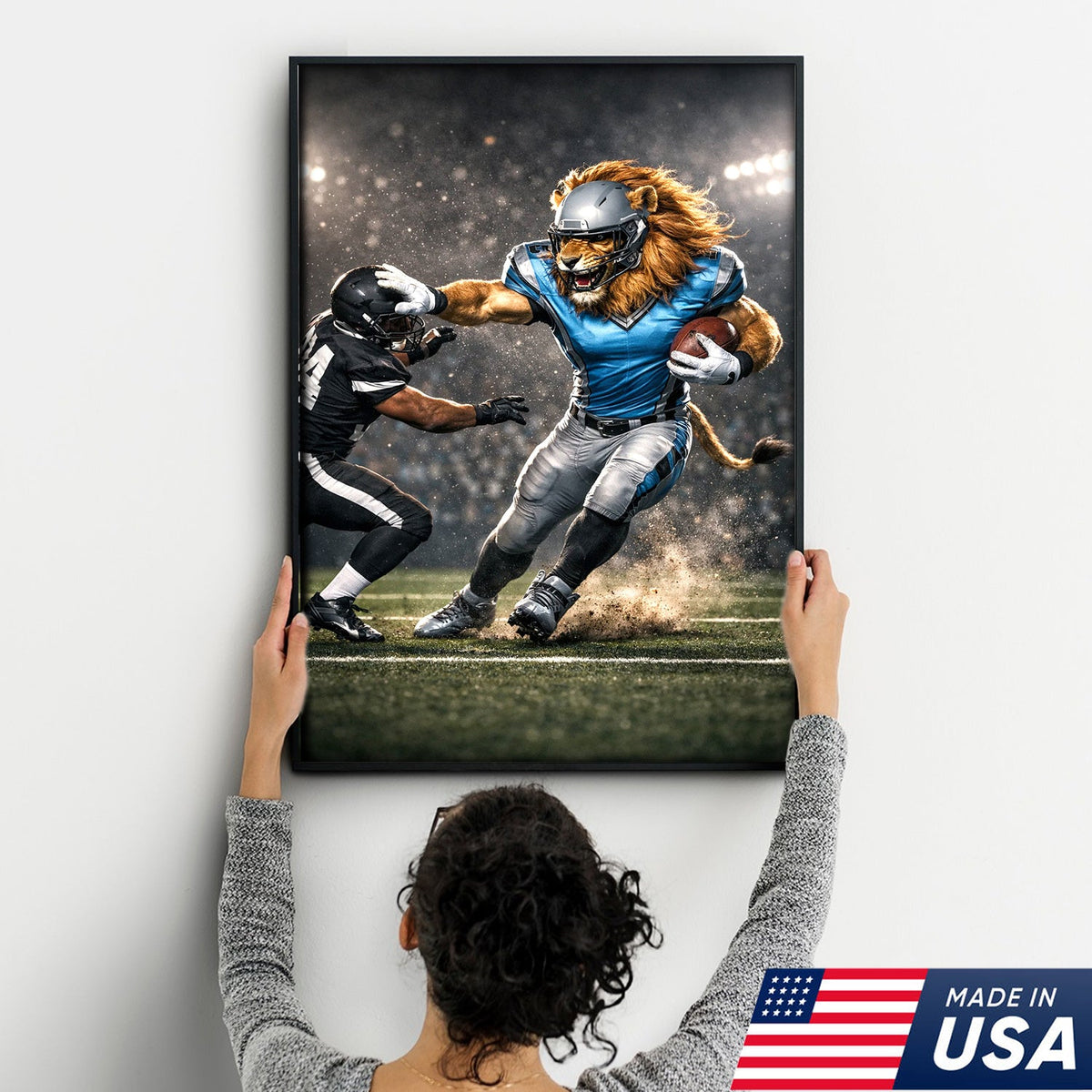 Fearless Lion Football Canvas Wall Art – Powerful Big Cat Athlete Stadium Action Print