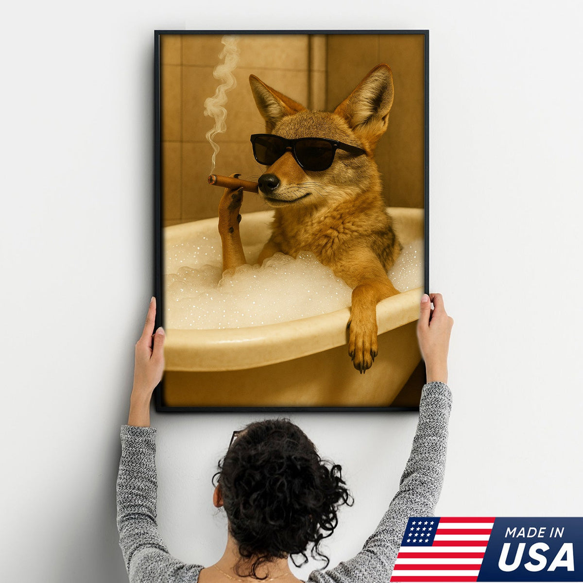 Cool Coyote in Bathtub Canvas – Funny Bathroom Wall Art for Rustic Cabin