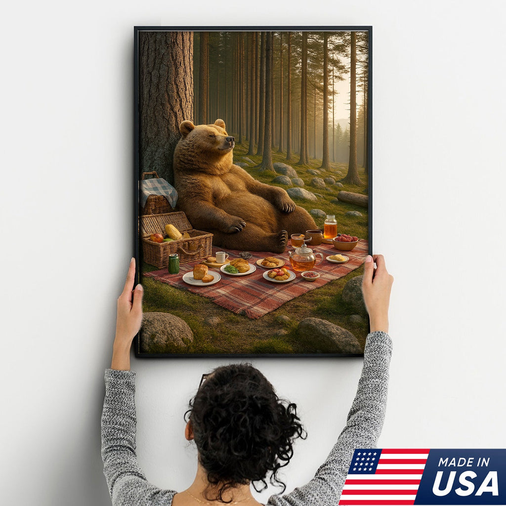Bear Picnic Forest Wall Art Canvas – Relaxing Woodland Bear Canvas Print for Kitchen Cabin Decor
