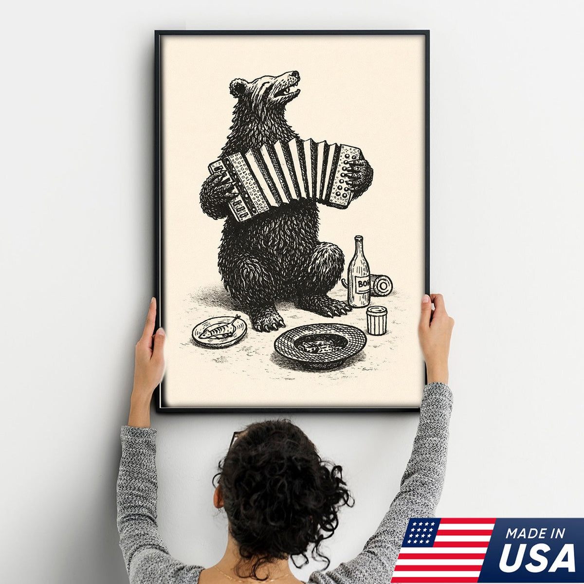 Accordion Playing Bear Illustration Canvas – Vintage Folk Wall Art with Rustic Charm