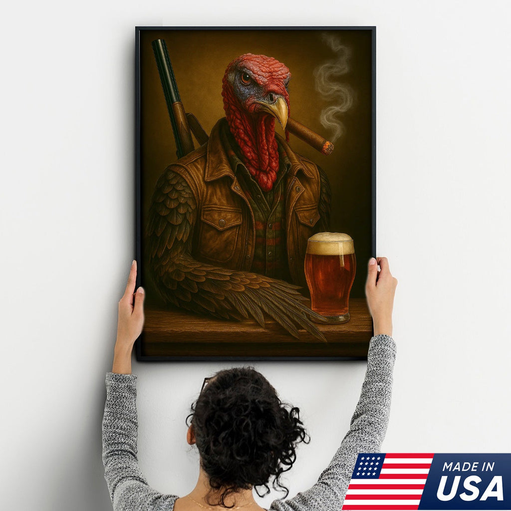 Wild Turkey Canvas Wall Art – Surreal Hunter Portrait with Beer Glass, Rustic Lodge Decor