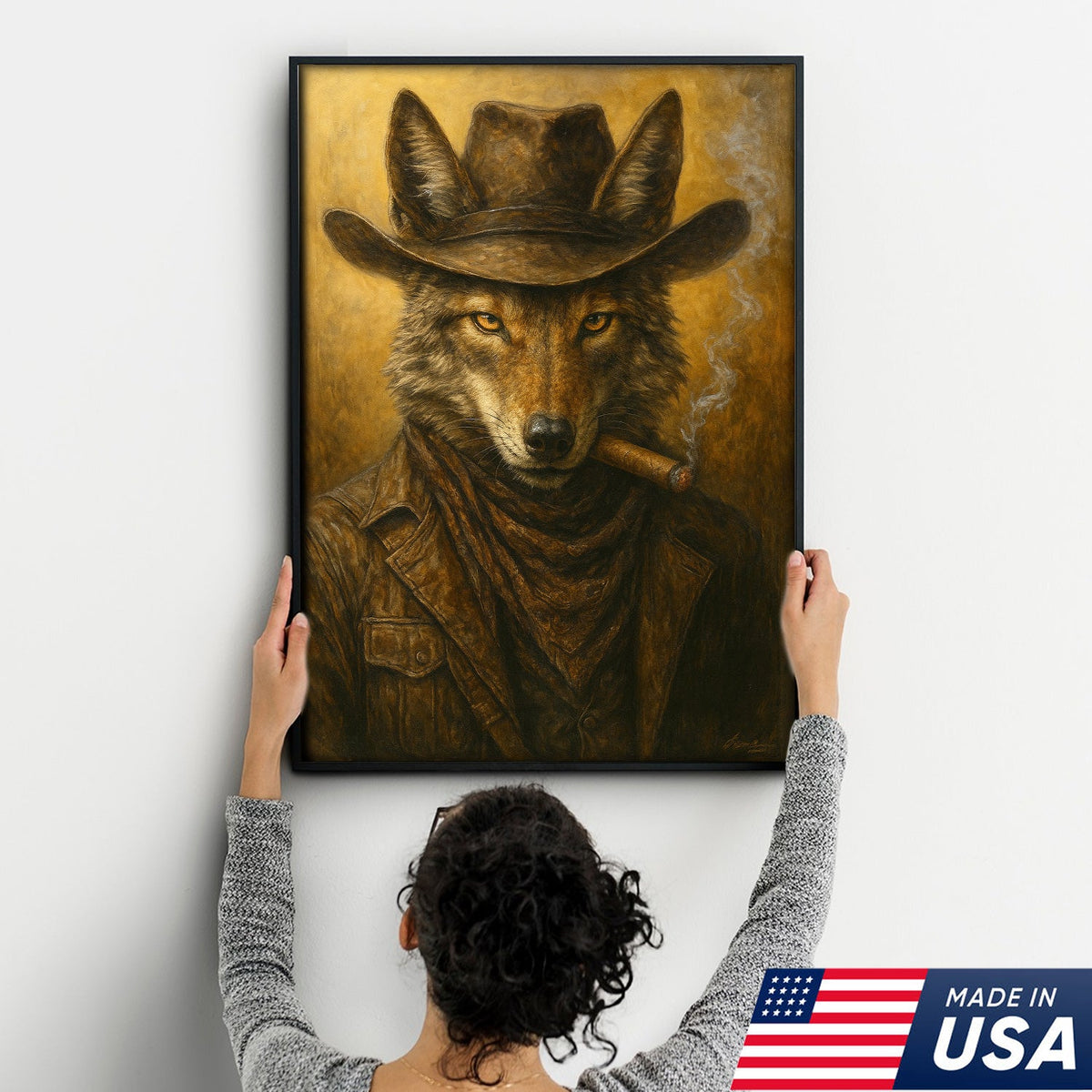 Coyote Cowboy Canvas Wall Art – Rustic Western Outlaw Painting for Lodge, Bar, Hunters