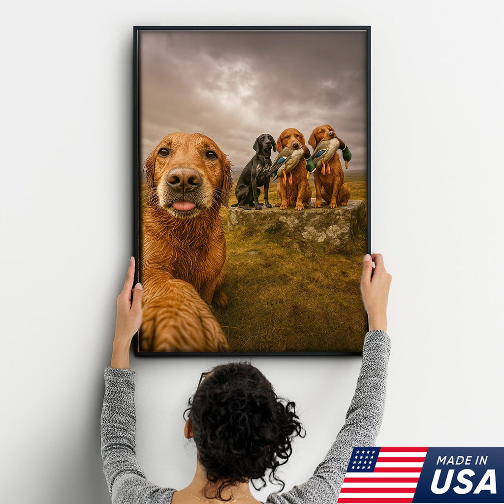 Hunting Dogs Selfie Canvas Art – Funny Retriever Group Photo with Ducks