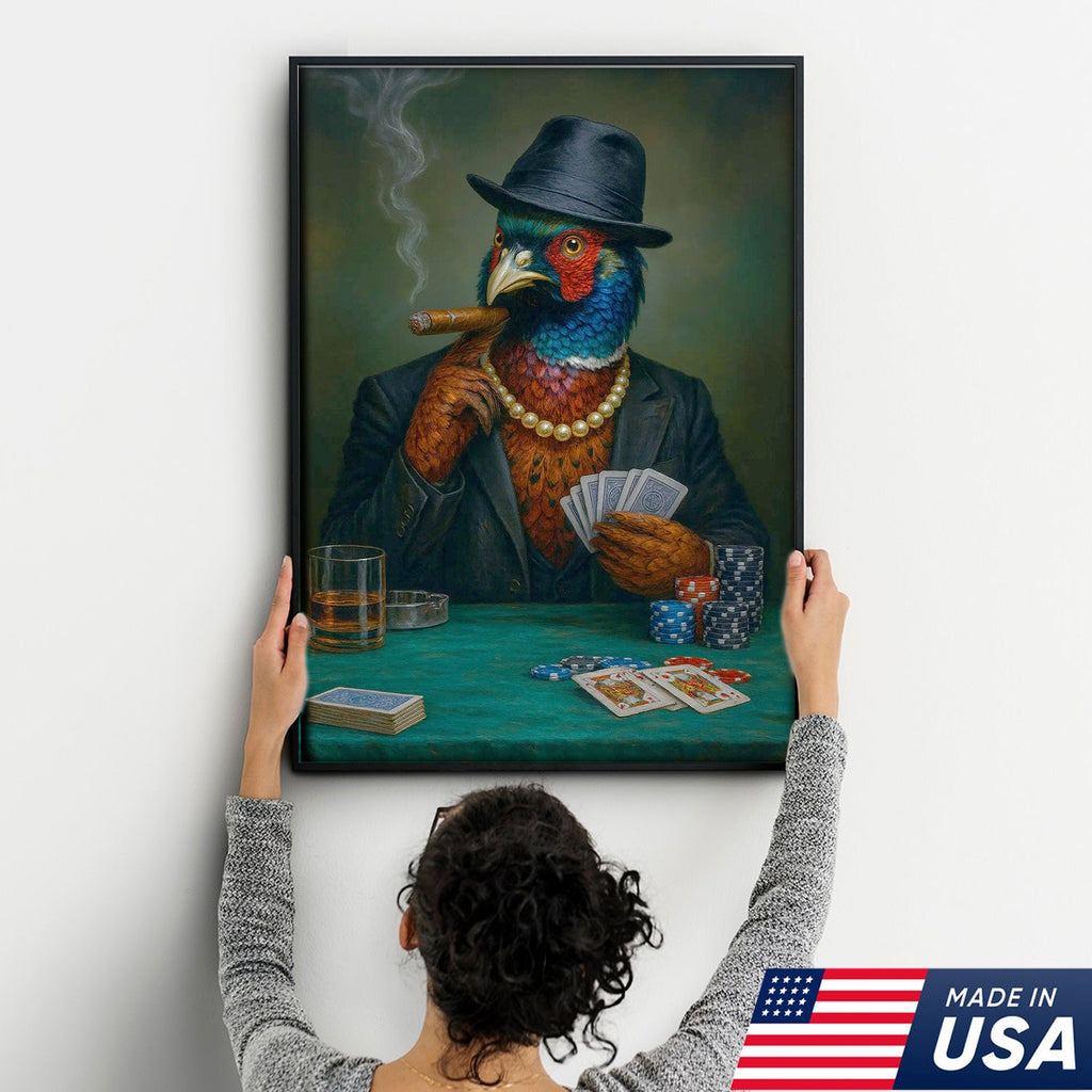 Funny Pheasant Poker Player Canvas Wall Art, Colorful Bird in Suit Casino Decor