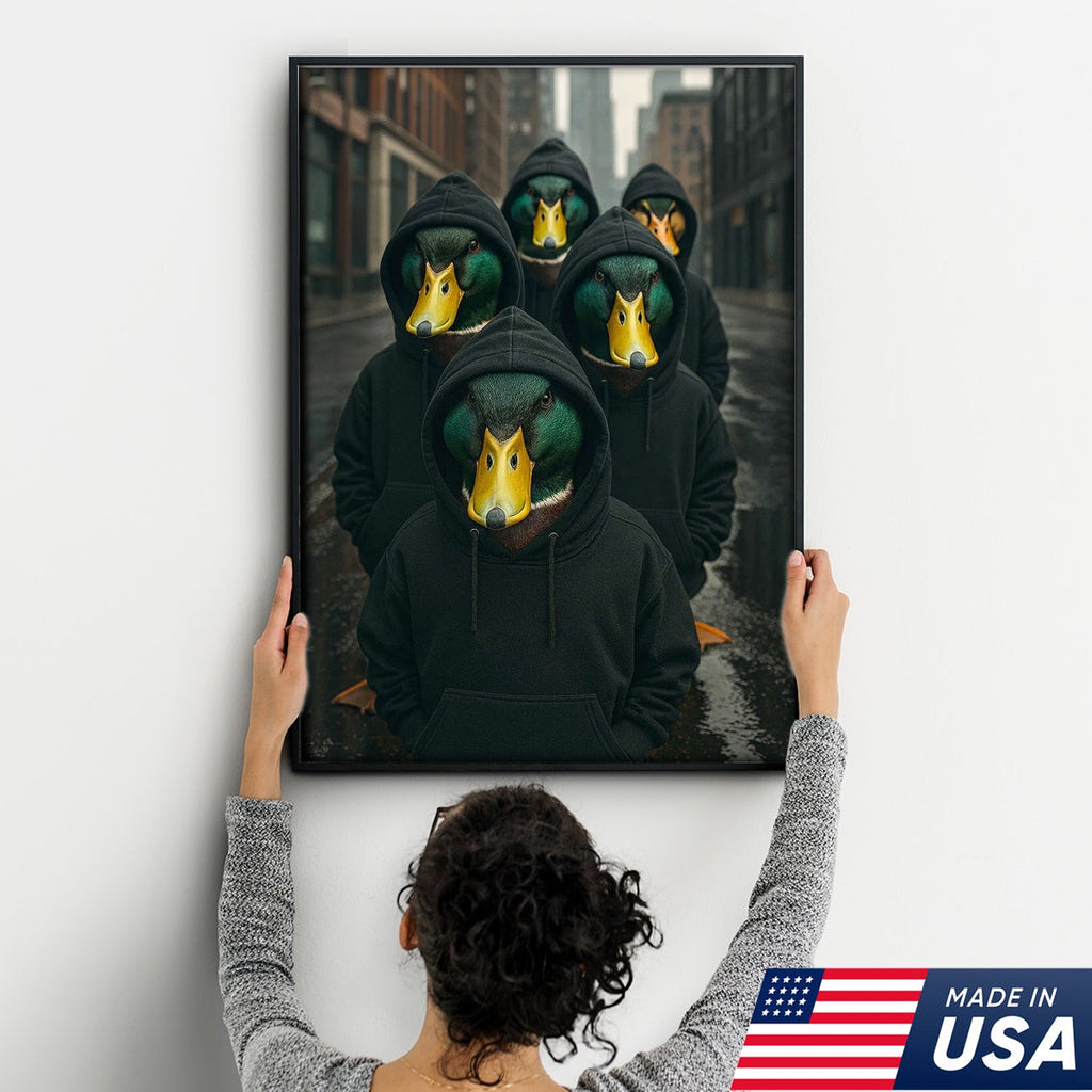 Urban Duck Gang Canvas Wall Art, Hooded Anthropomorphic Ducks Artwork