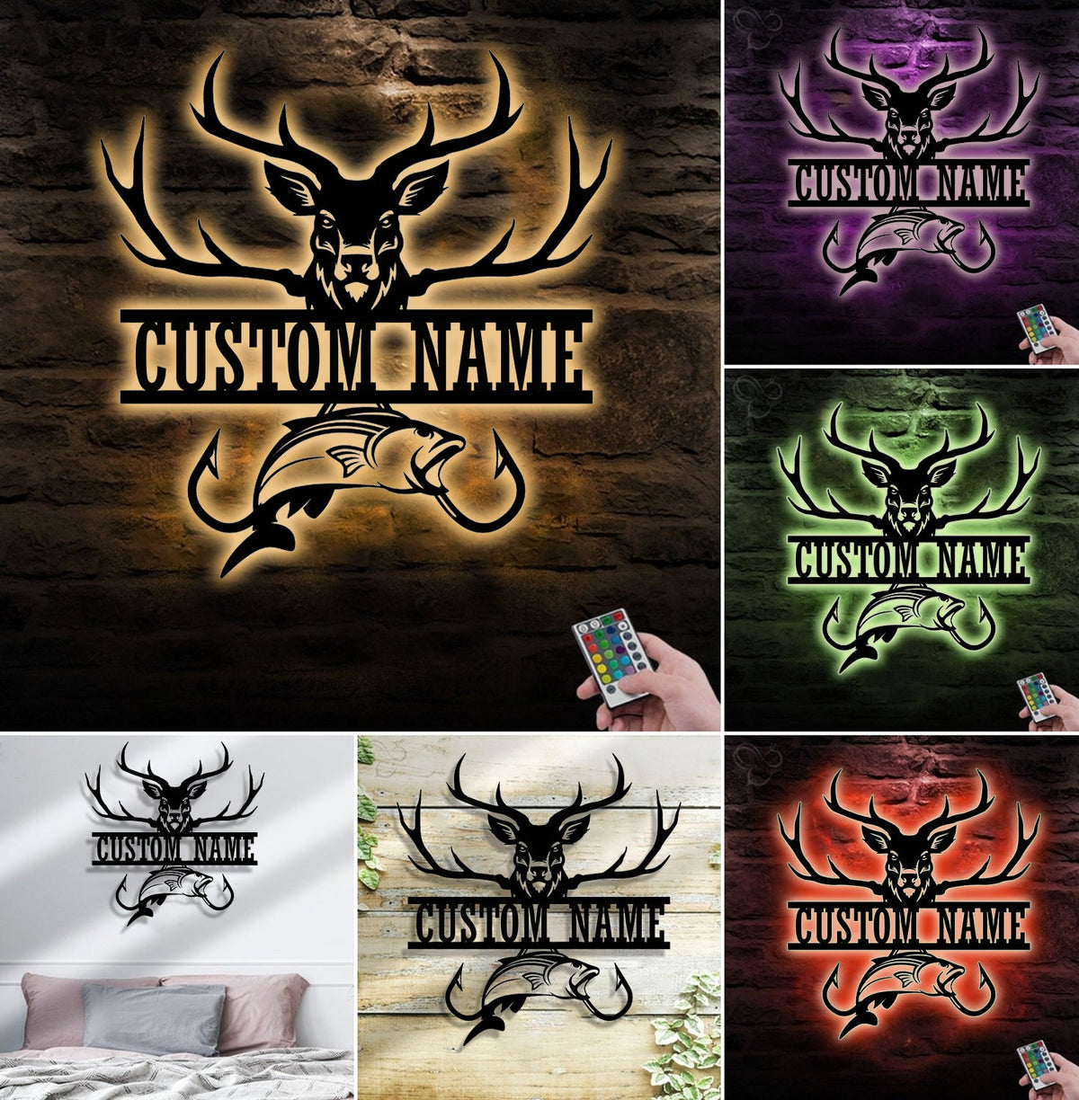 Personalized Deer & Fish Metal Sign WITH LED/WITHOUT LED Light Rustic Cabin Wall Decor Hunter Fisher Gift