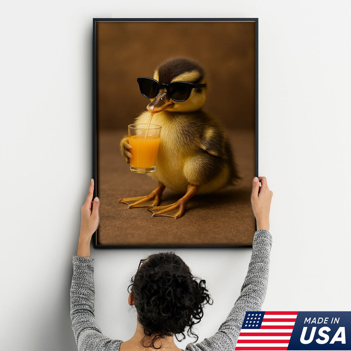 Funny Duckling Canvas Wall Art, Cute Baby Duck Drinking Juice Print