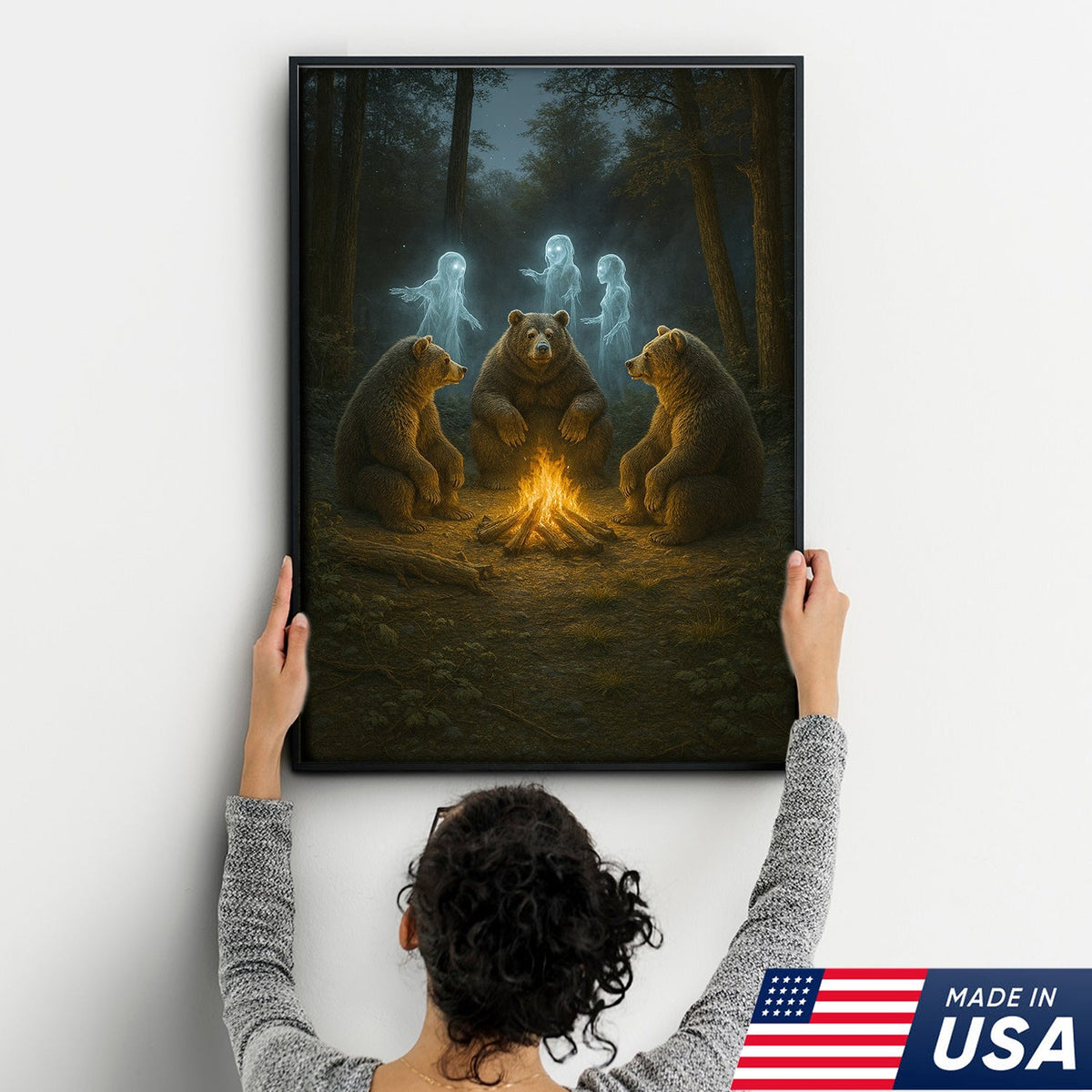 Ghost Bear Campfire Wall Art Canvas – Spooky Forest Spirit Canvas Print for Halloween Decor