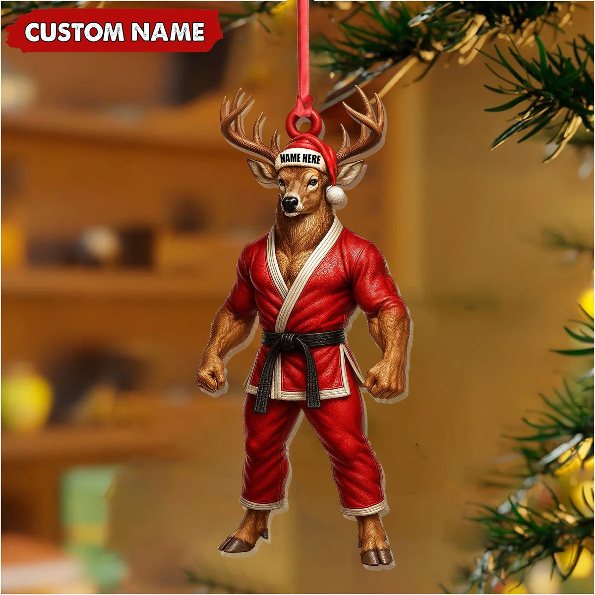 Personalized Karate Deer Ornament, Custom Name Martial Arts Christmas Decoration