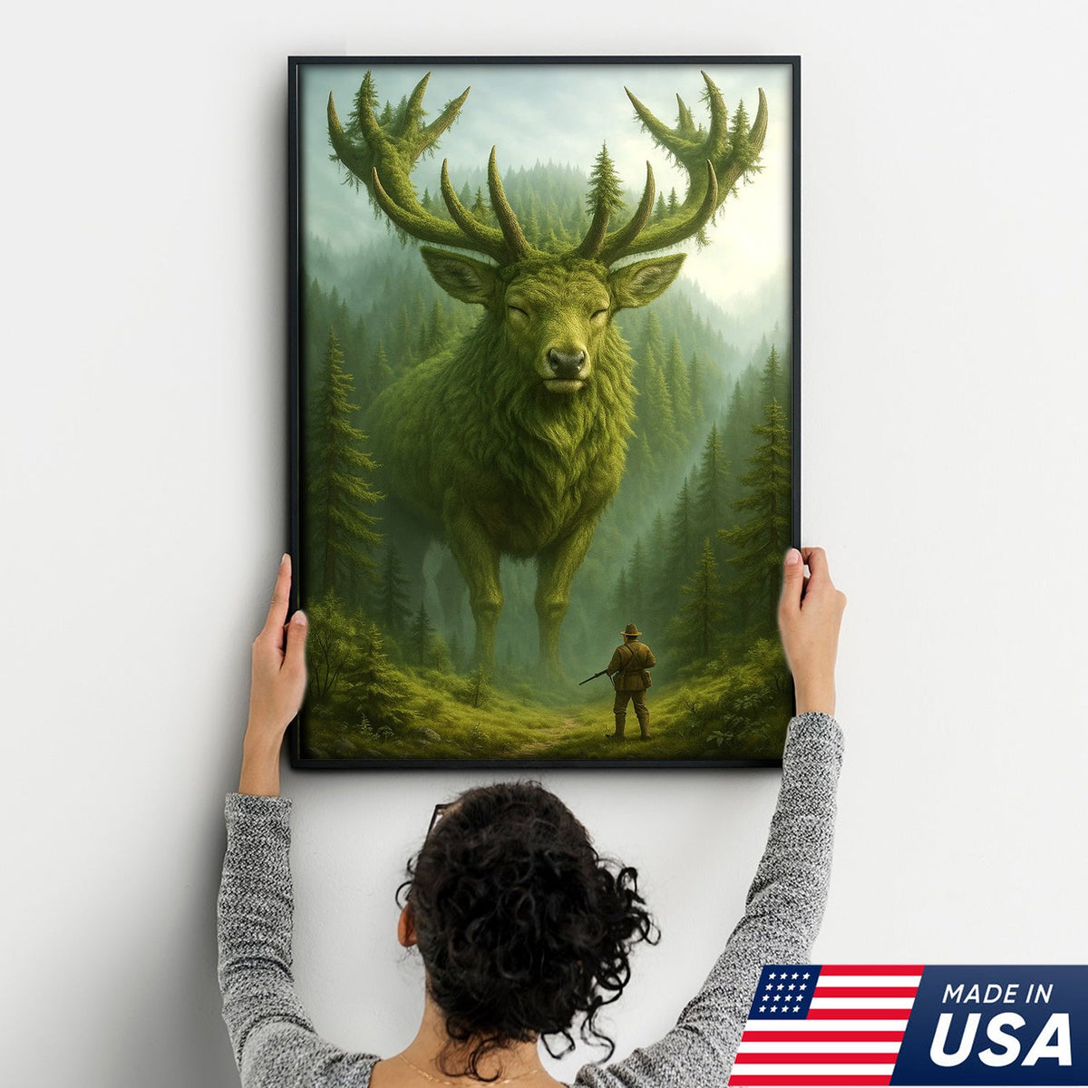 Forest Spirit Deer Wall Art Canvas, Giant Moss Elk with Hunter Fantasy Landscape