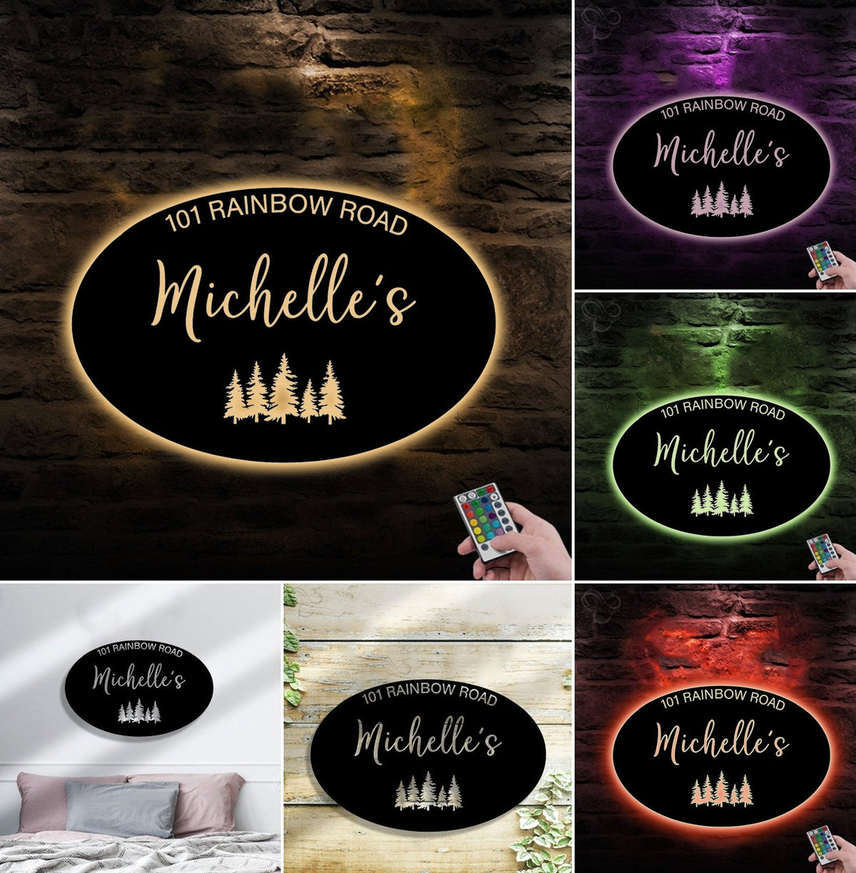 Personalized Address Metal Sign WITH LED/WITHOUT LED - Custom Family Name Sign with Pine Trees