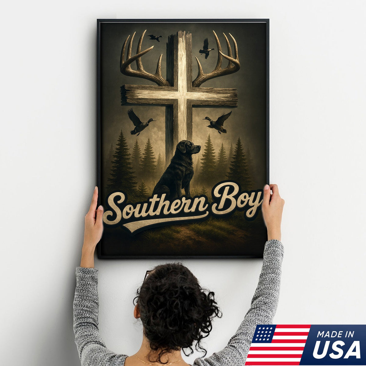Southern Boy Canvas Wall Art, Deer Antler Cross with Labrador Retriever and Flying Ducks