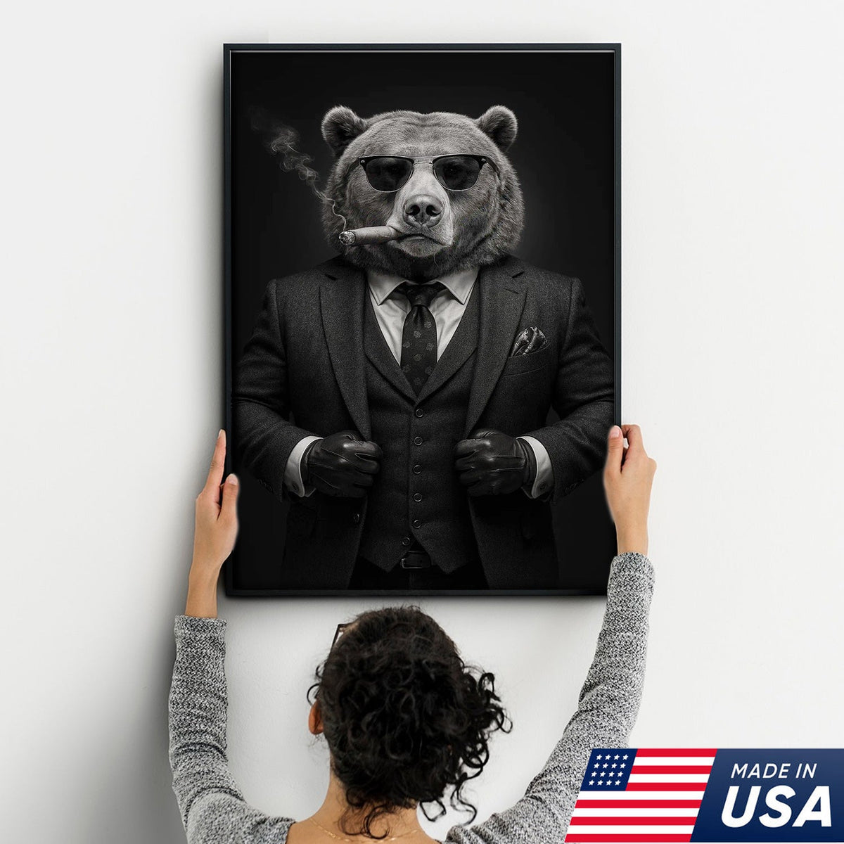 Bear in Suit Canvas Wall Art, Black and White Animal Portrait, Modern Office Decor for Men