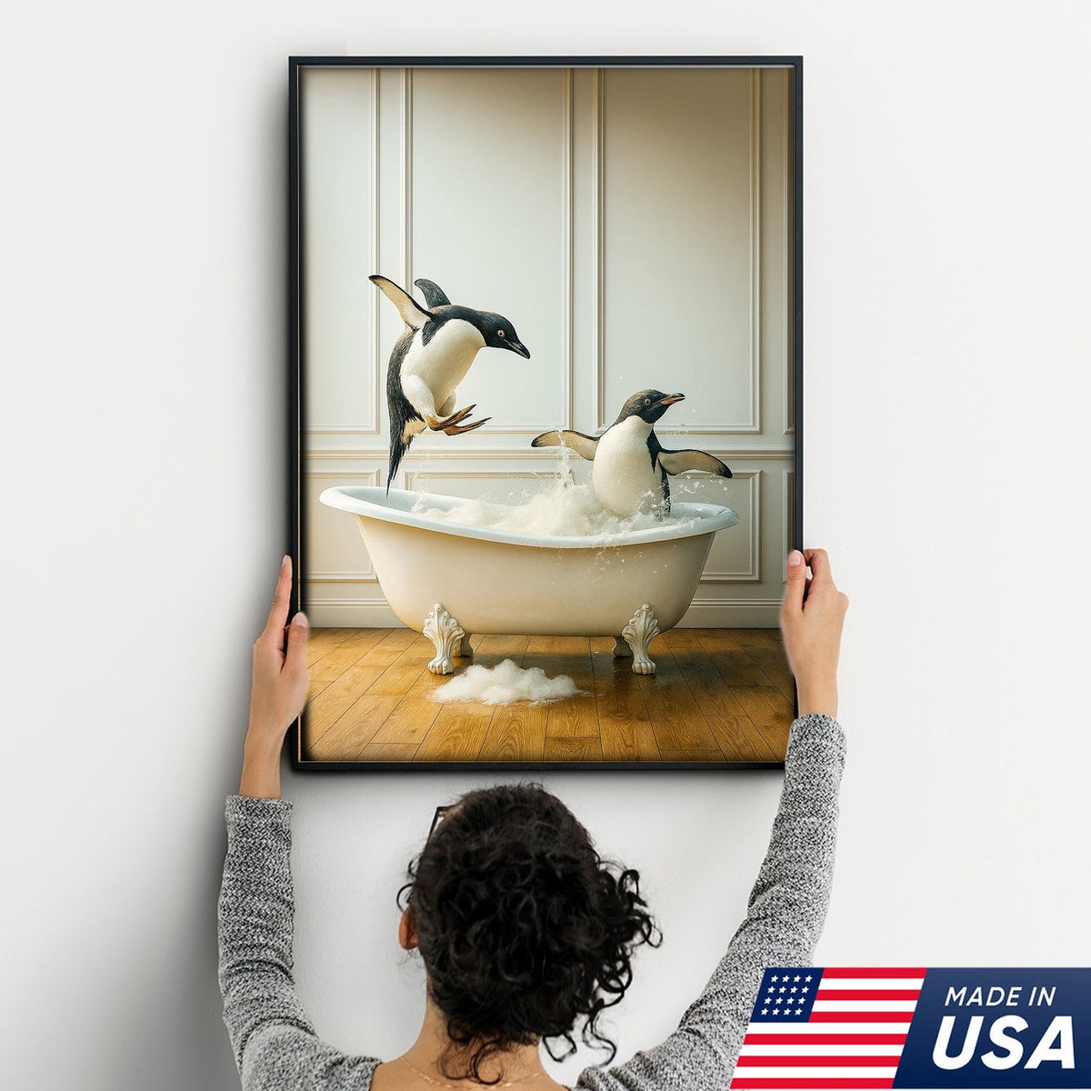 Playful Penguin Bubble Bath Wall Art Canvas, Jumping Penguins in Bathtub Bathroom Decor
