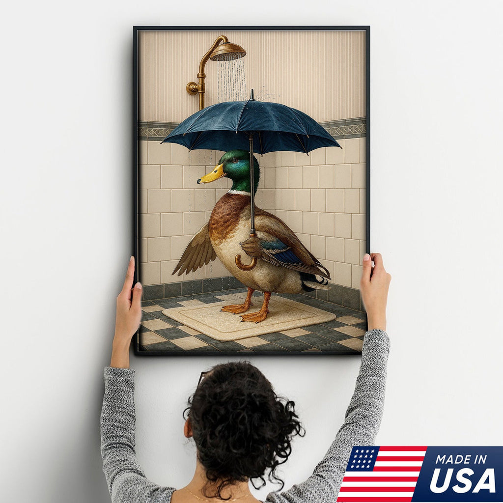 Duck with Umbrella in Shower Canvas Wall Art, Quirky Bathroom Wall Decor