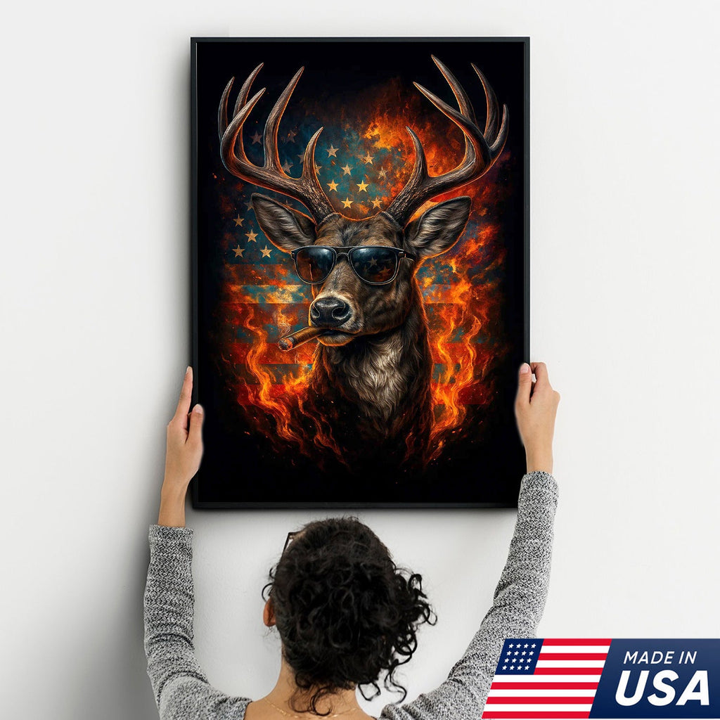 Patriotic Deer Wall Art Canvas – Cool Buck with Sunglasses and American Flag