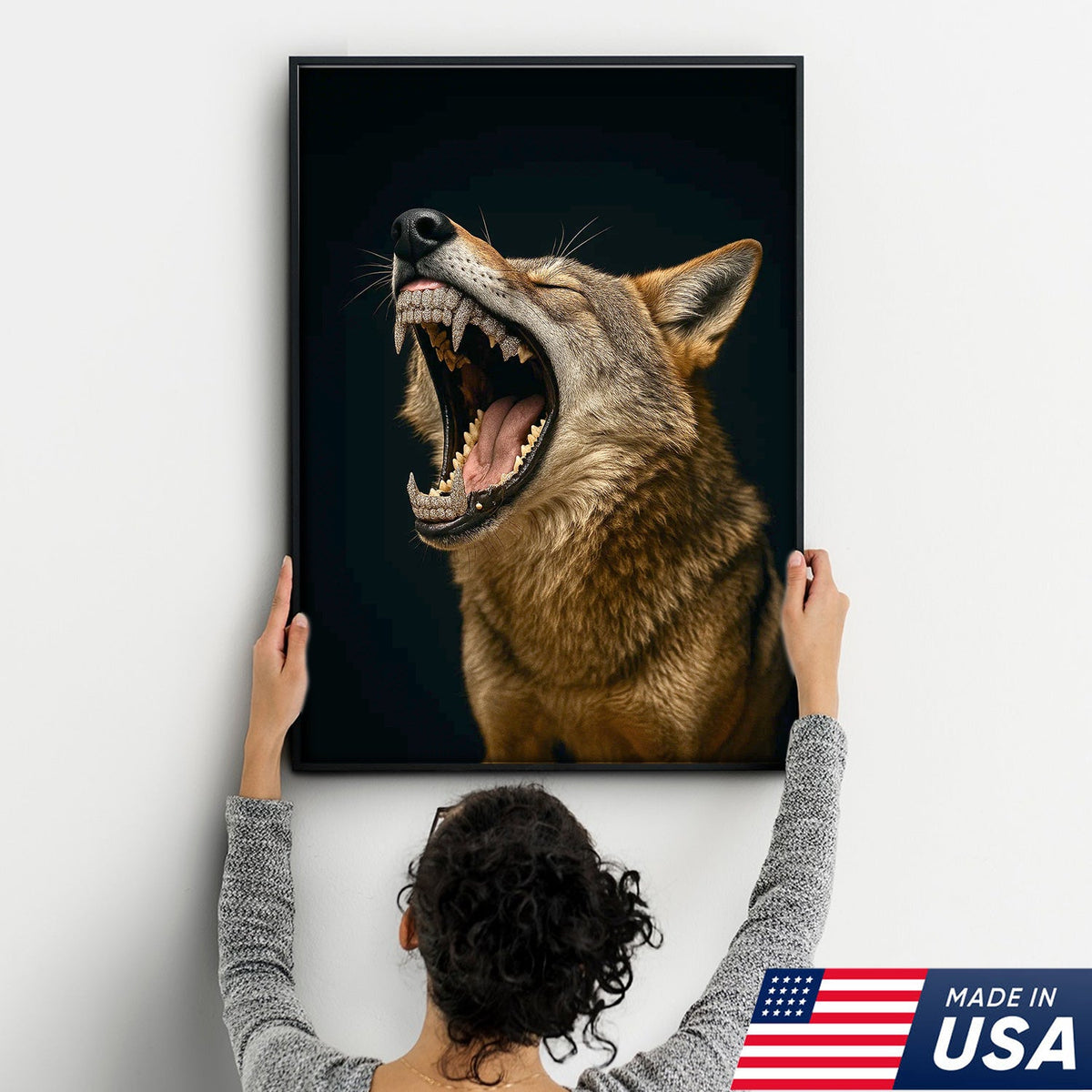Roaring Wolf Canvas Wall Art, Fierce Animal Portrait Artwork, Rustic Wildlife Decor