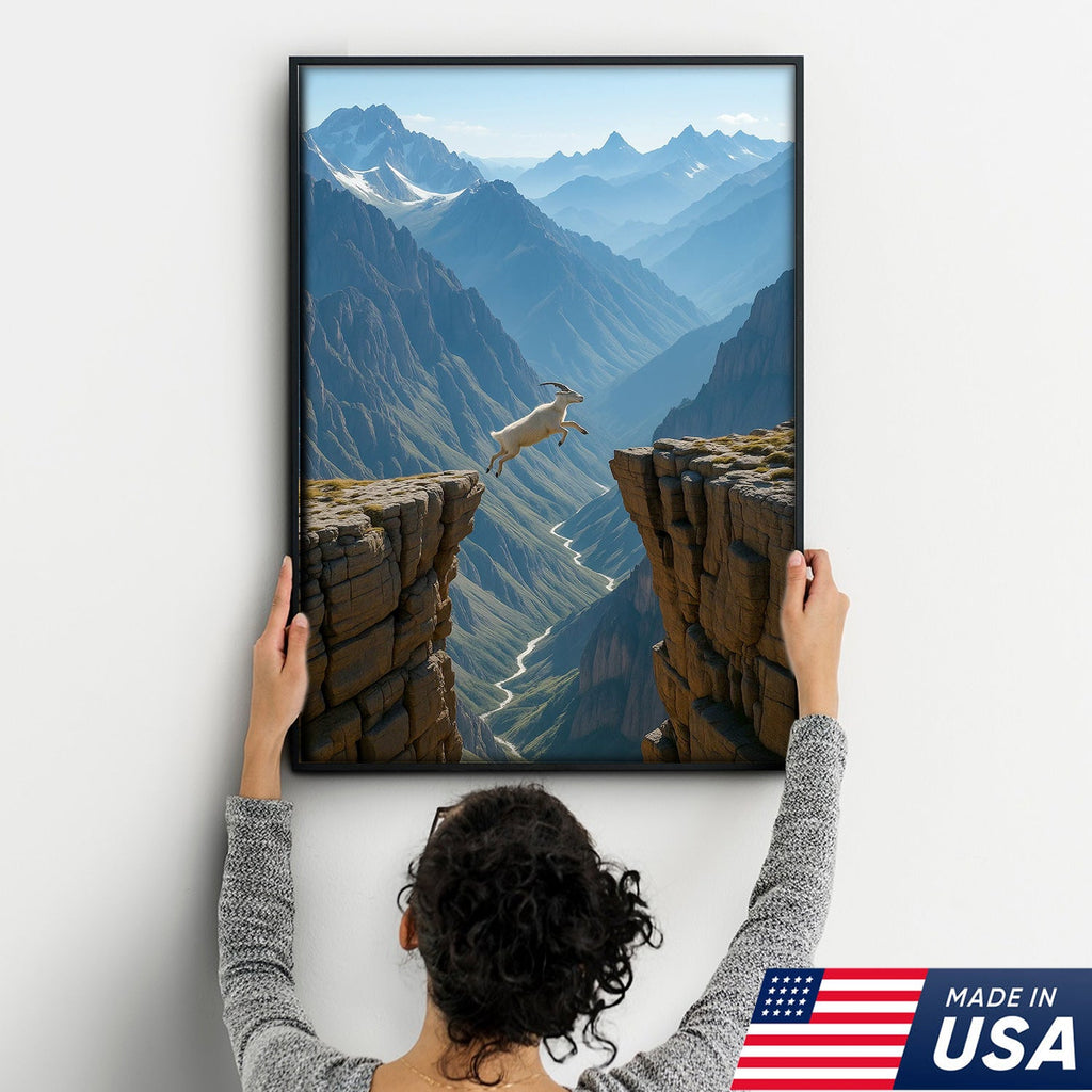 Mountain Goat Cliff Jump Canvas Wall Art, Alpine Canyon Landscape Print
