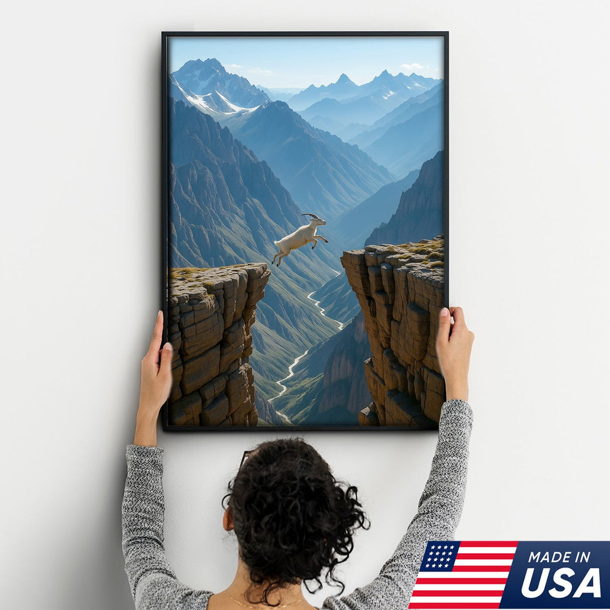 Mountain Goat Cliff Jump Canvas Wall Art, Alpine Canyon Landscape Print