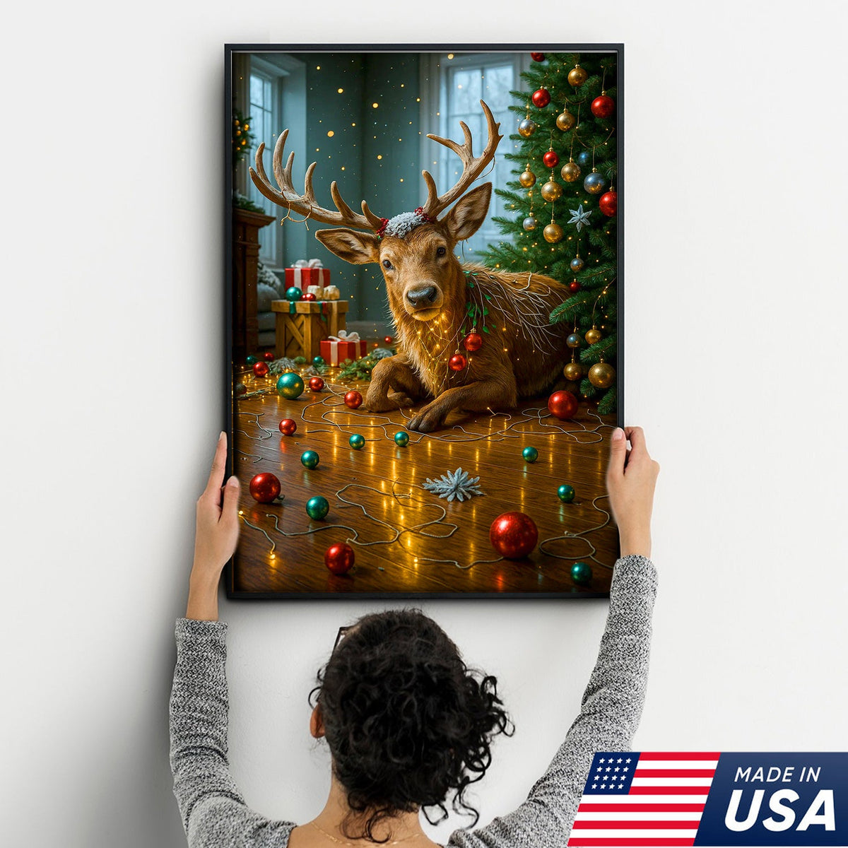 Christmas Reindeer Living Room Canvas Wall Art, Cute Deer With Christmas Tree and Ornaments