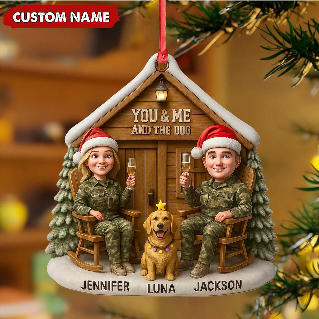 Personalized Hunter Couple Dog Christmas Ornament, Custom Name “You and Me and the Dog” Cabin, Cute Hunting Family Pet Lover Gift