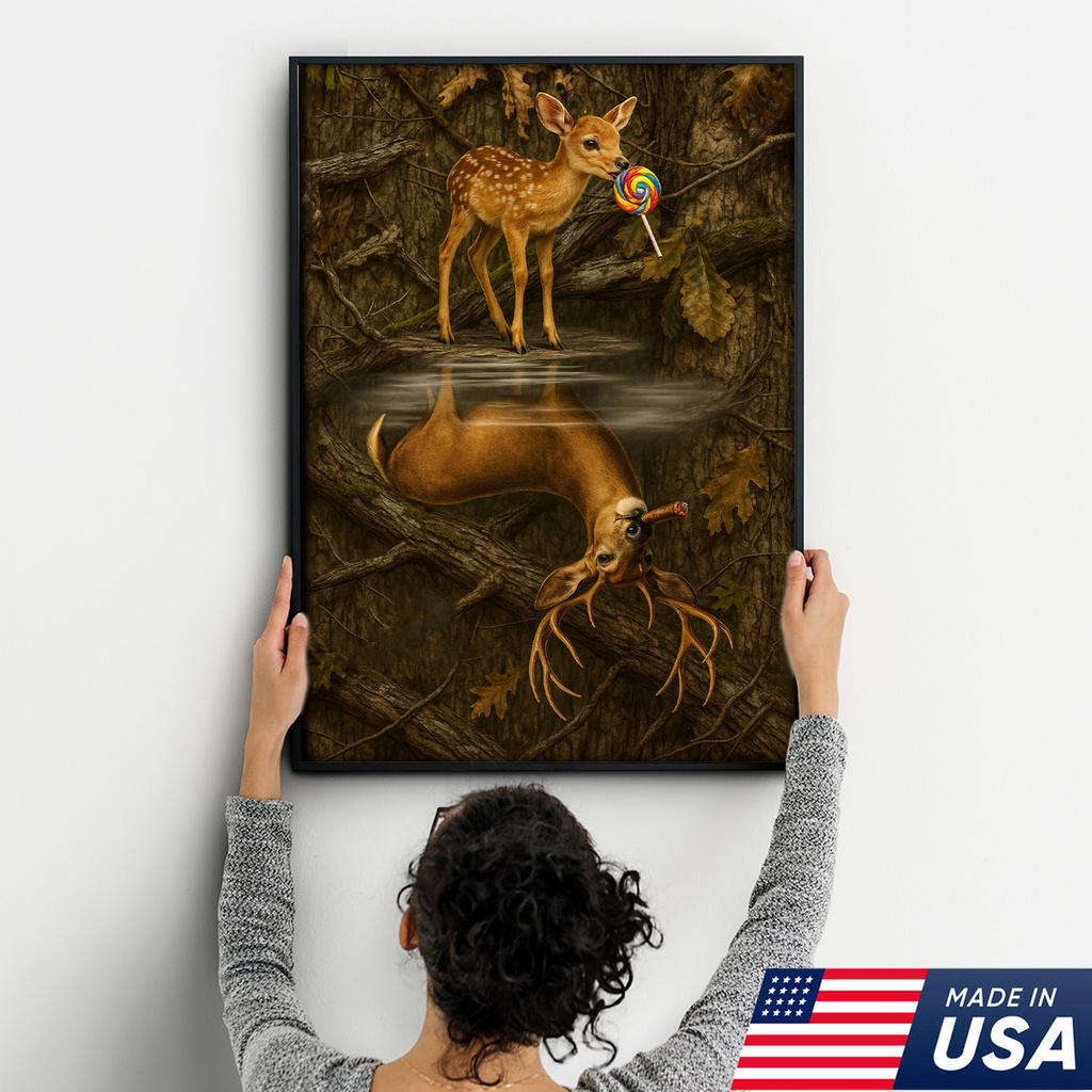Whimsical Deer Reflection Canvas Art - Cute Fawn with Lollipop Forest Scene