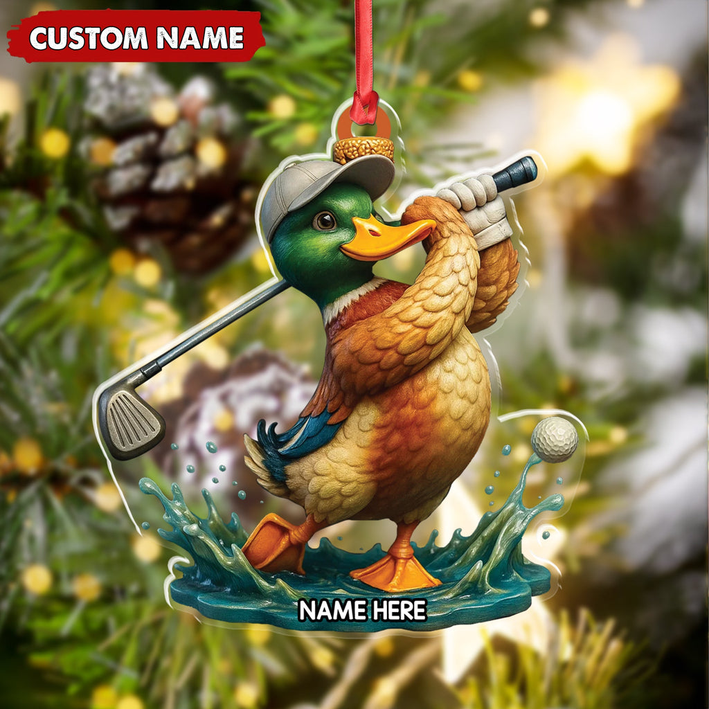 Personalized Acrylic Duck Golf Christmas Ornament – Custom Name Funny Hunter Gift for Golf Lovers