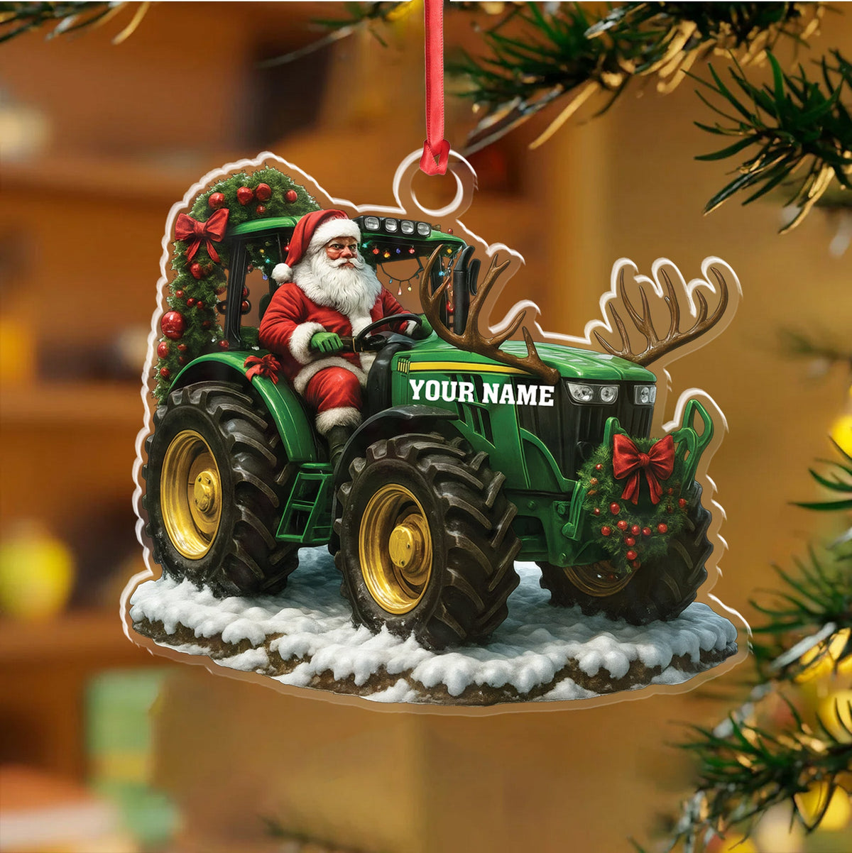 Custom Name Santa Tractor Ornament, Farmer Christmas Tree Decor, Personalized Farm Gift