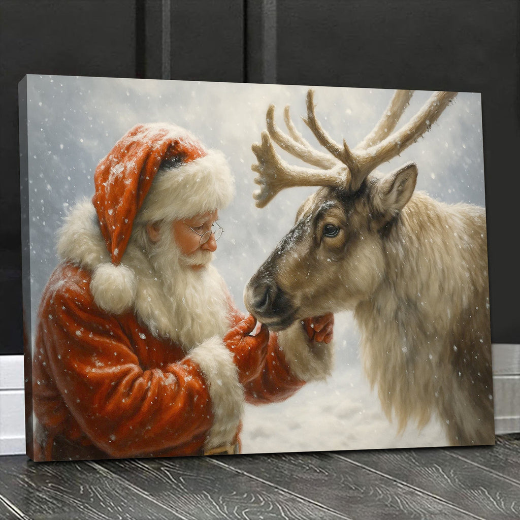 Santa with Reindeer Canvas Wall Art, Tender Snowy Christmas Scene Picture