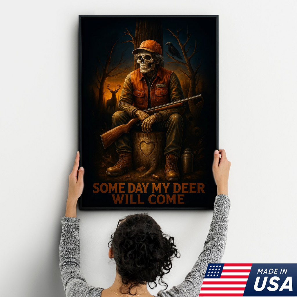 Funny Deer Hunting Canvas Wall Art – Skeleton Hunter with Rifle, Rustic Lodge Decor
