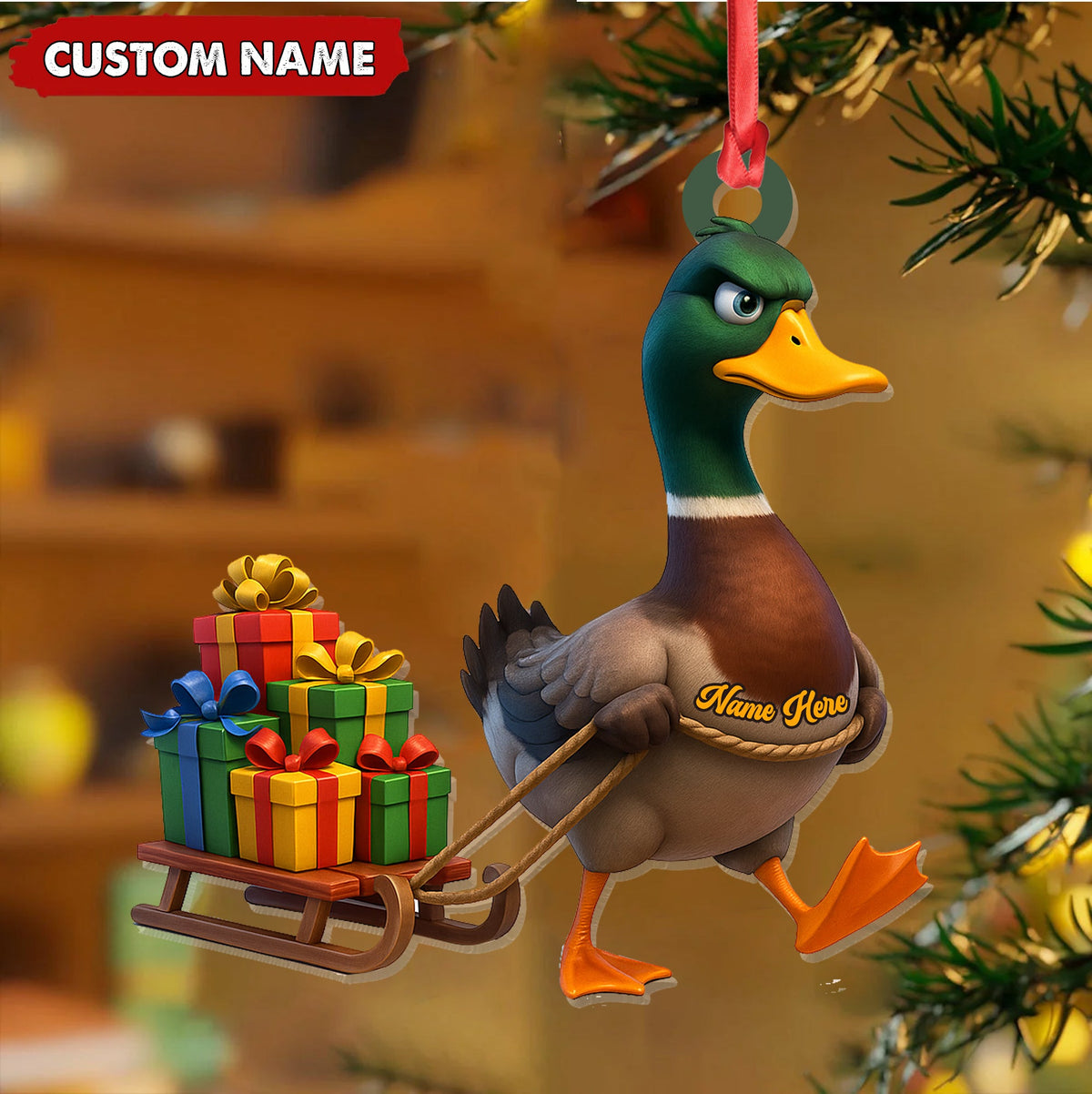 Funny Duck Acrylic Christmas Ornament - Mallard Pulling Gifts, Unique Christmas Gift for Hunters