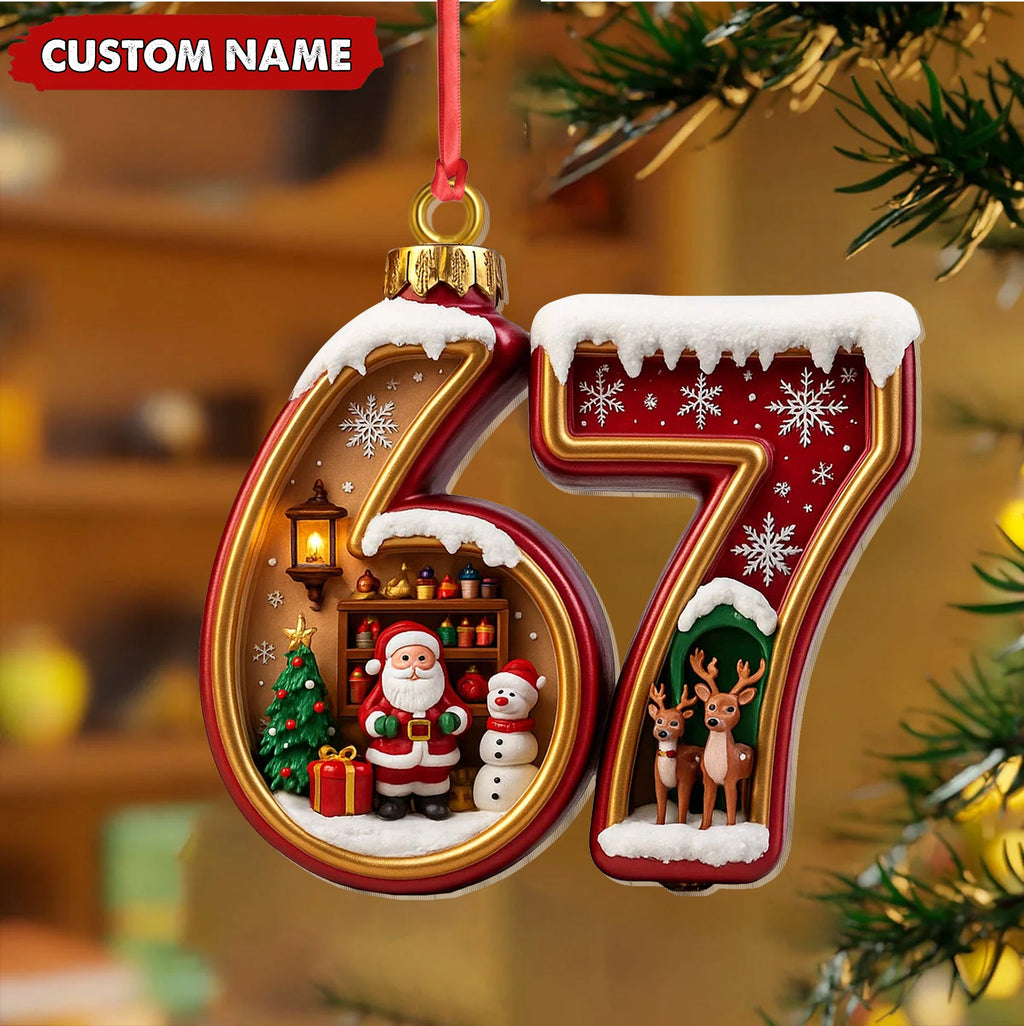 Personalized 67 Christmas Ornament, Custom Name Santa & Reindeer Number 67 Bauble, Holiday Tree Decoration