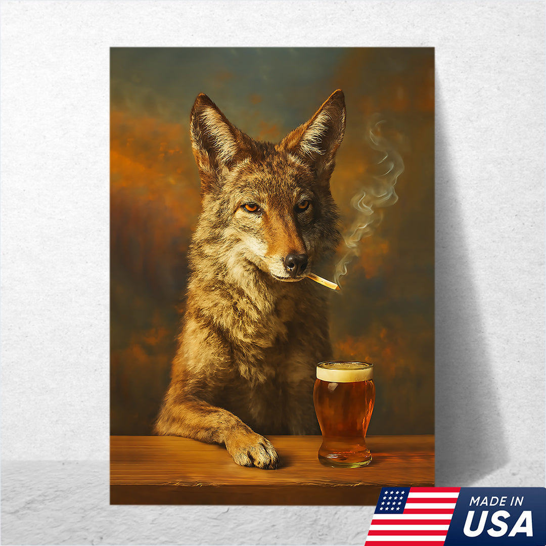 Smoking Wolf Coyote with Cocktail Glasses Canvas – Funny Hunting Wall Art for Man Caves