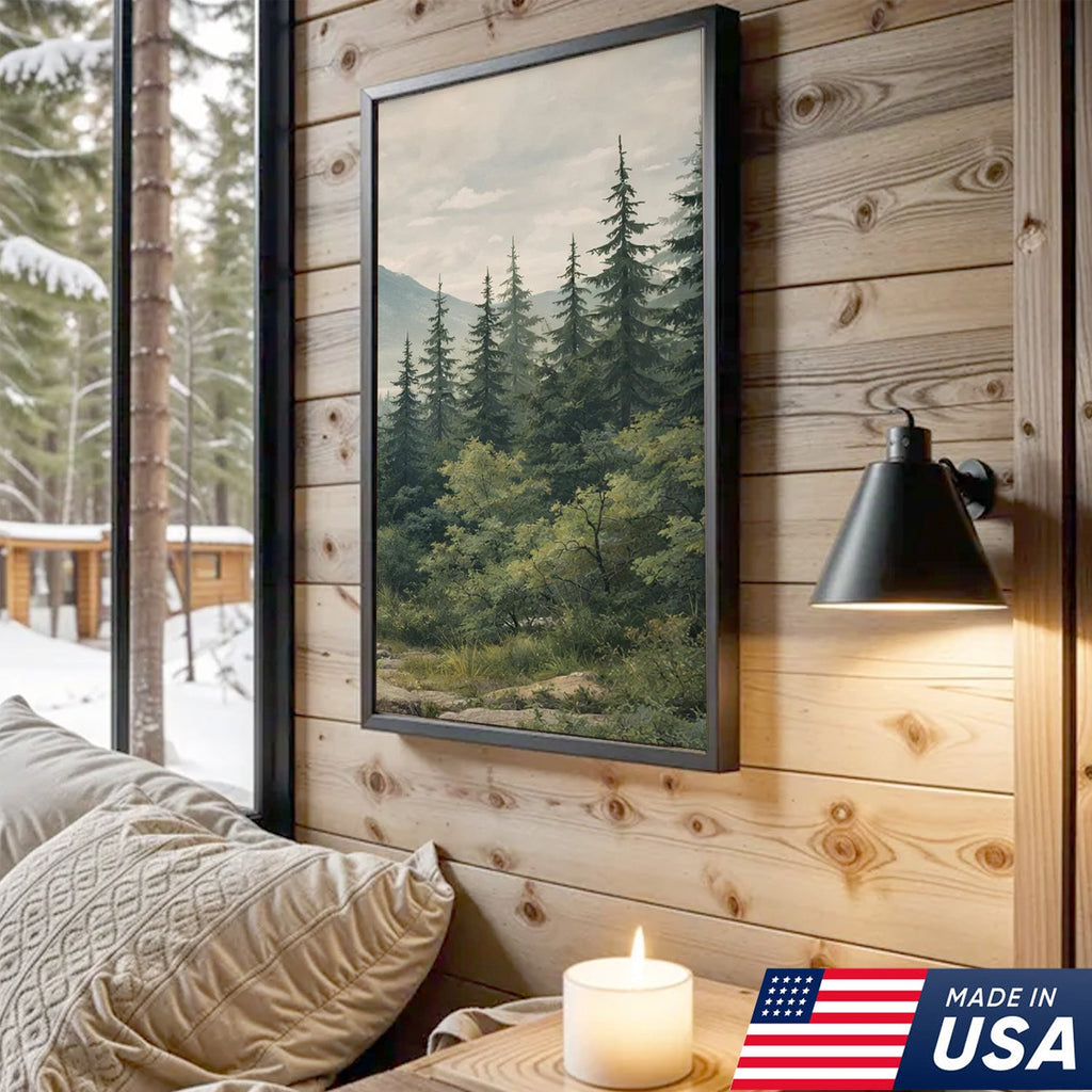 Bear Family Forest Triptych Canvas Wall Art Set, Peaceful Wildlife Landscape with Cubs