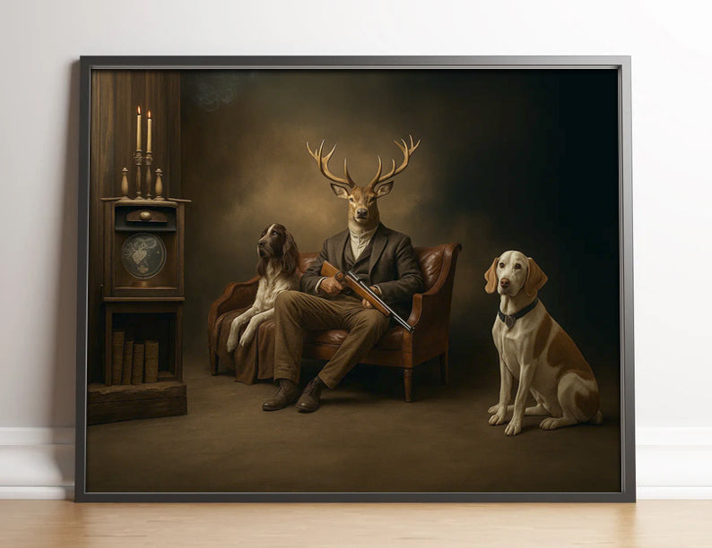 Deer Hunter Gentleman Canvas – Surreal Wall Art with Dogs for Cabin or Man Cave