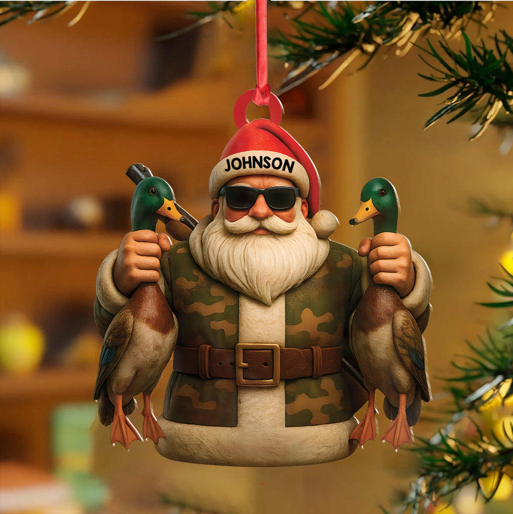 Personalized Duck Hunter Santa Acrylic Ornament - Funny Christmas Gift for Hunters - Custom Name Camo Decor