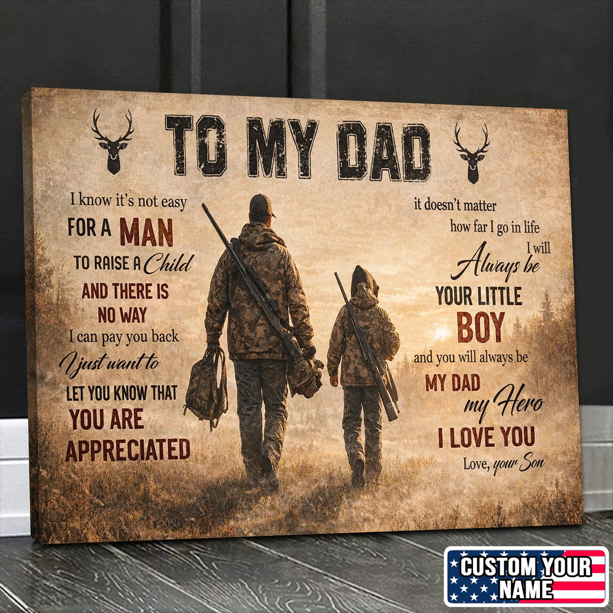 To My Dad Hunting Canvas Print, Father and Son Deer Hunting Wall Art Personalized Gift
